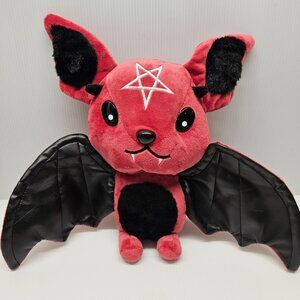 Red Goth Bat Plush Toy With Star Embroidery and Black Leatherette Wings